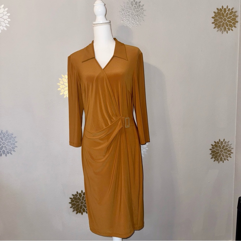 Collared V-Neck Wrap Dress 3/4 Sleeve Mustard Camel Brown Fall/Autumn Ladies‎
